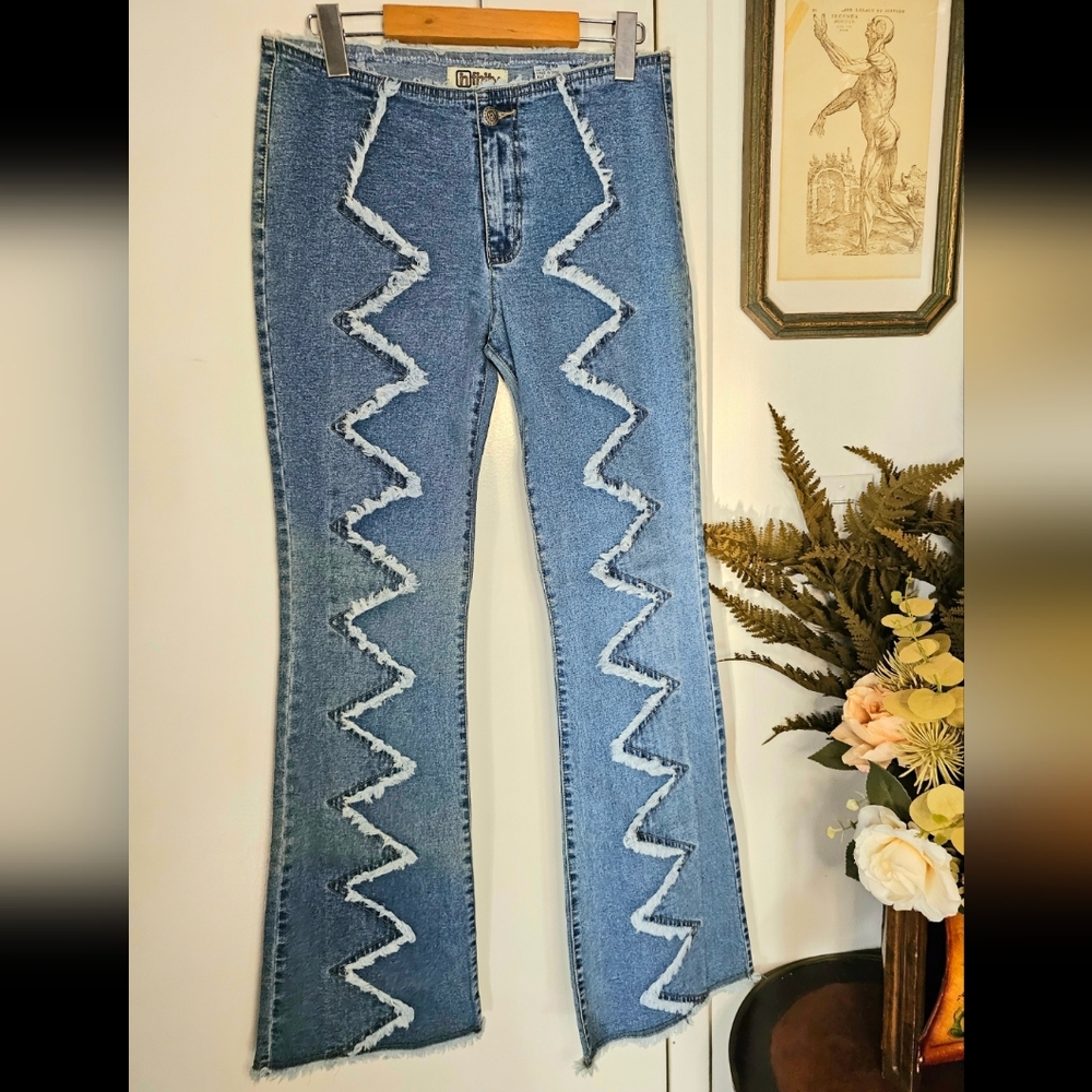 Vintage Y2K Low Rise Zigzag Fringe Blue Flare Jeans